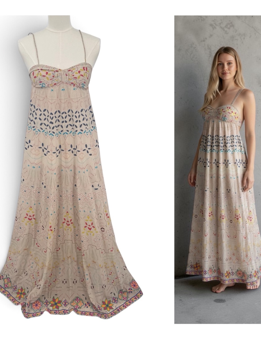 Anthropologie Hemant & Nandita 100% Silk Embroidered Maxi Dress Ivory Boho Sz S